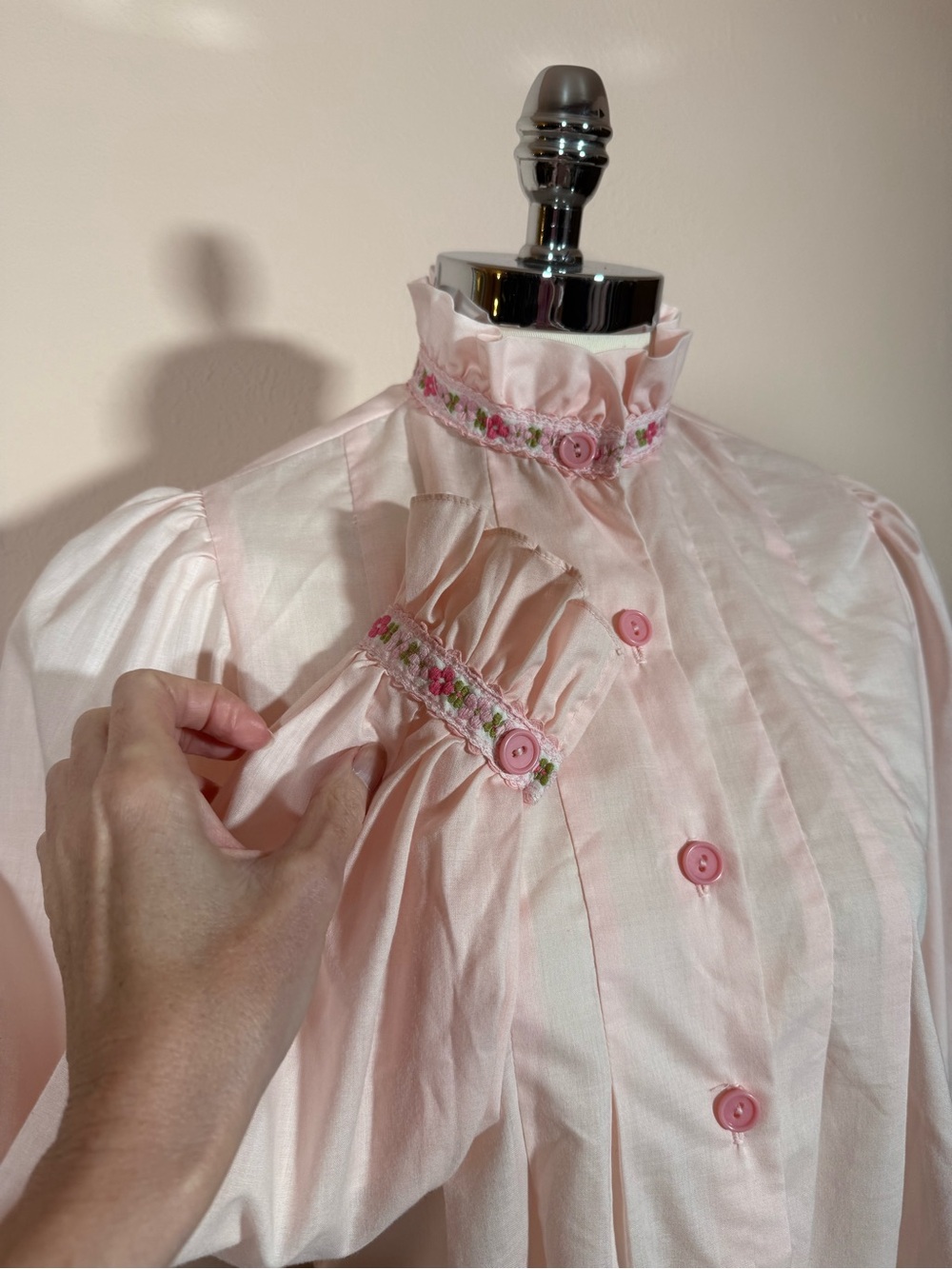 Vintage 1960 pink feminine high collar embroidered ribbon Victorian Blouse